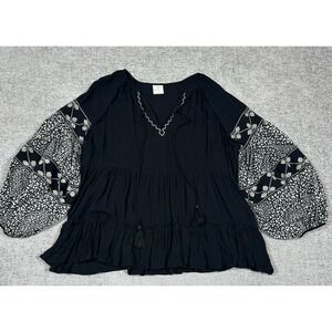 By Together Top Womens‎ Small Black Tiered Embroidered Boho Hippie